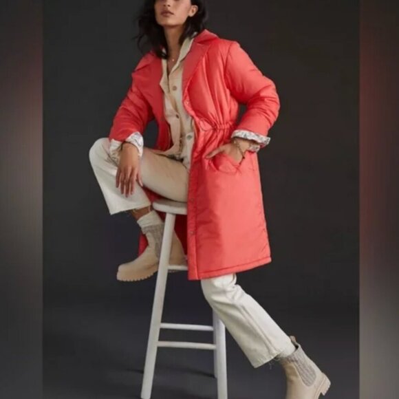 Anthropologie Maeve Coral/Pink Longline Cinched Puffer Jacket Coat Size Small - Picture 3 of 12